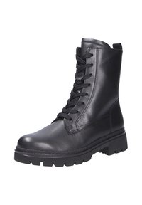 Bottines en cuir noir avec un bout rond, un laçage sur le devant et une semelle en caoutchouc épaisse avec un motif texturé pour une meilleure adhérence.