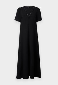 Black maxi dress with a V-neckline and short puff sleeves. Features textured fabric, lace trim along the neckline, and a flowing silhouette.