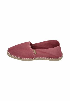 Red canvas espadrille shoe with beige stitched sole and small fabric tag on side, viewed from the outer side.