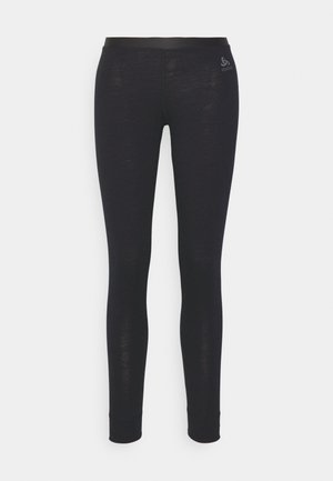Schwarze Leggings aus einem dehnbaren, leichten Material; verfügen über einen breiten elastischen Bund und ein Logo am oberen linken Oberschenkel.