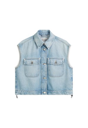 Light blue denim cropped vest with a button front, two chest pockets, and wide collar. Features silver hardware and side zippers.