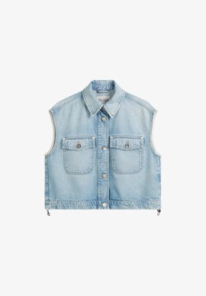 Light blue denim cropped vest with a button front, two chest pockets, and wide collar. Features silver hardware and side zippers.