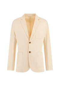 Světle béžový blazer vyrobený z měkkého materiálu, s klopovým límcem, dvěma předními kapsami a zapínáním na jeden knoflík.