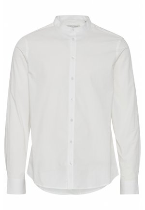 Weißes Langarmhemd aus glattem Stoff mit Stehkragen. Mit durchgehender Knopfleiste und abgerundetem Saum sowie knöpfbaren Manschetten.