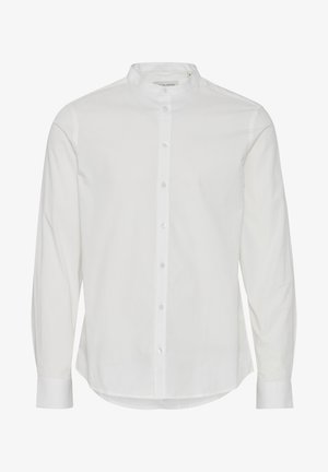 Weißes Langarmhemd aus glattem Stoff mit Stehkragen. Mit durchgehender Knopfleiste und abgerundetem Saum sowie knöpfbaren Manschetten.
