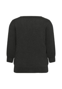 Pull en maille gris foncé avec manches trois-quarts côtelées et encolure ronde vu de dos.