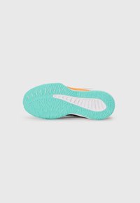 Rubber shoe sole with a textured pattern; predominantly mint green with white accents and a small orange detail near the heel area.