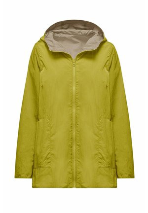 Żółta lekka kurtka z kapturem, z przednim zamkiem i dwoma bocznymi kieszeniami, rozpięta, aby odsłonić beżową podszewkę.