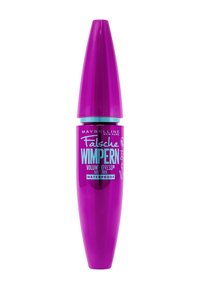 Tube de mascara cylindrique violet avec un capuchon effilé, arborant une étiquette turquoise sur laquelle est inscrit "Maybelline Volum'Express Waterproof."