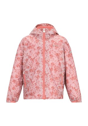 Roze capuchonjas met bloemmotief, rits aan de voorkant, ritssluitingen aan de zijzakken en elastische manchetten.