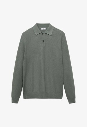 Langarm polo shirt van olijfgroen katoen met een gestructureerde brei, met een platte kraag en een drieknoopsluiting.