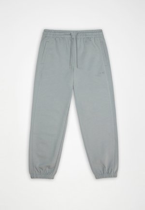 Svetlošedé tepláky s elastickým pásom a manžetami, bočnými vreckami a sťahovacou šnúrkou, zobrazené na bielom pozadí.