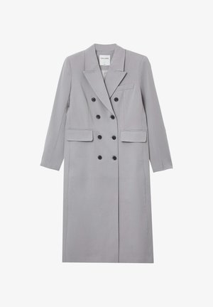Grau doppelreiher Mantel aus glattem Stoff, mit Reverskragen, schwarzen Knöpfen und zwei vorderen Taschen mit Klappen.