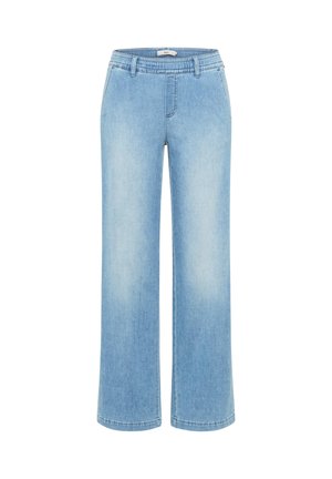 Jeans a gamba larga di colore azzurro con vita elasticizzata, tasche frontali e sottili dettagli scoloriti sulle cosce.