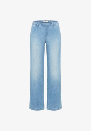 Lyseblå jeans med vide ben, elastisk talje, forlommer og diskrete falmede detaljer på lårene.