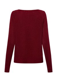 Bordeauxfarbener Langarmstrickpullover mit glatter Textur, rundem Halsausschnitt und geradem Saum. Zarte Glitzereffekte überall.