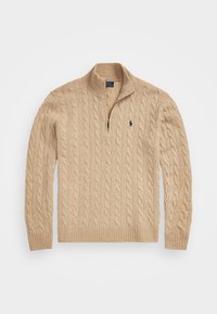 Pull beige en maille torsadée avec fermeture à glissière quart, col, poignets et ourlet côtelés, avec un petit logo brodé sur la poitrine gauche.