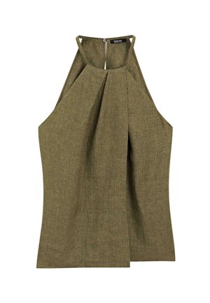 Olivgrünes Neckholder-Top mit gefaltetem Design, leichtem Stoff und offener Rückseite. Wird am Hals mit einem kleinen Knopf und einem Reißverschluss geschlossen.