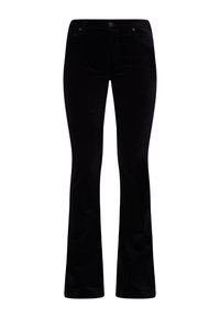 Pantalons en velours côtelé noir évasés avec une texture lisse, fermeture à bouton à l'avant et design standard à cinq poches. L'évasement commence au genou.