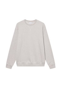 Hellgrauer Pullover aus strukturiertem Stoff, mit Rundhalsausschnitt, langen Ärmeln und gerippten Bündchen sowie Saum. Keine Muster oder Logos.