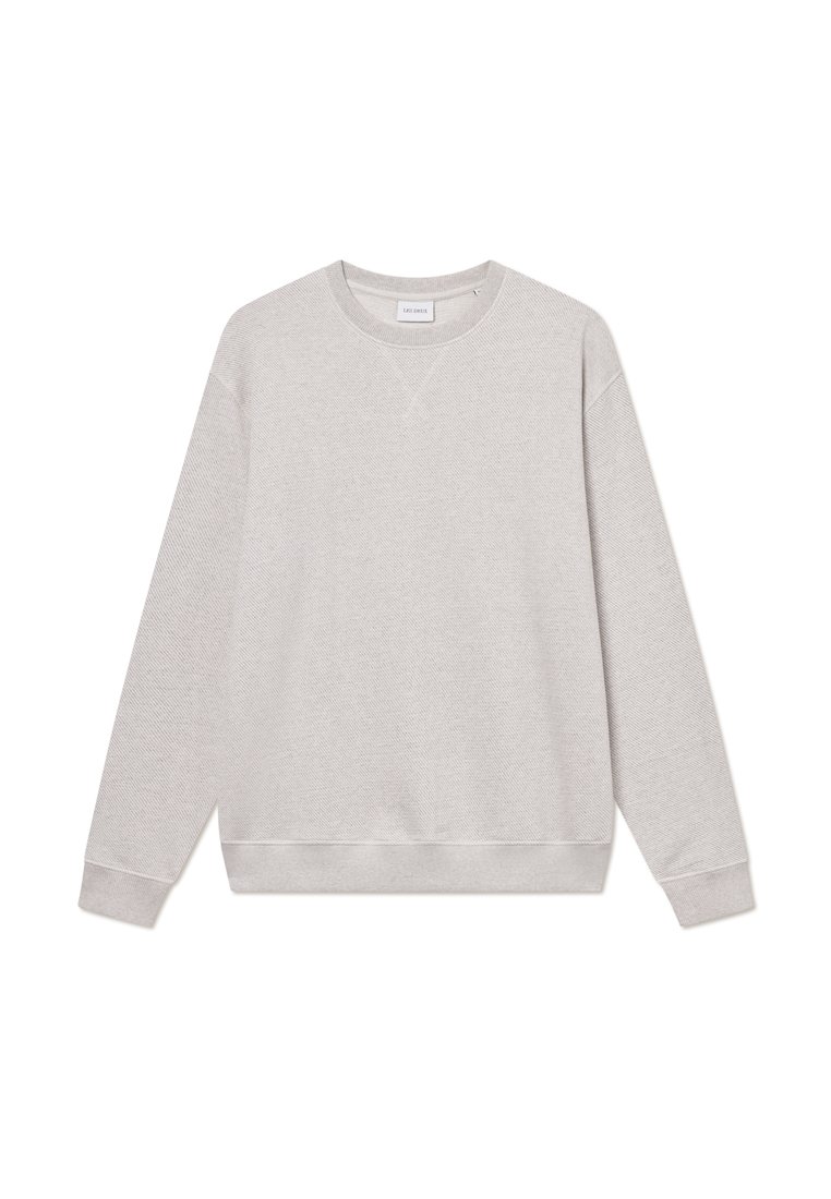 Hellgrauer Pullover aus strukturiertem Stoff, mit Rundhalsausschnitt, langen Ärmeln und gerippten Bündchen sowie Saum. Keine Muster oder Logos.