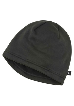 Black fleece beanie hat with a soft texture, rounded crown, and a subtle stitched hem. Features a small branded tag on the side.
