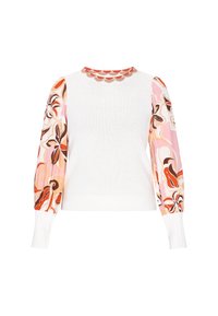 Gebreide trui met een witte basis, voorzien van lange mouwen in een bloemenpatroon met roze, oranje en bruine accenten. Geribde manchetten en halslijn.