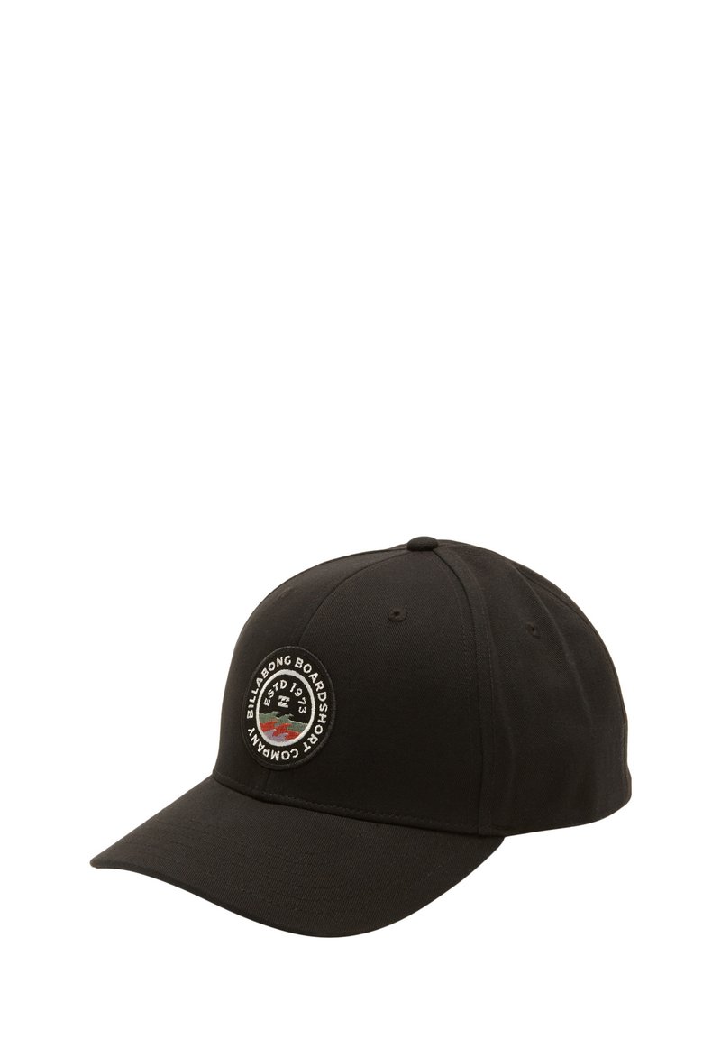 Cappellino da baseball nero in cotone con corona rotonda, visiera curvata e un'etichetta logo circolare sul fronte che presenta una grafica colorata.