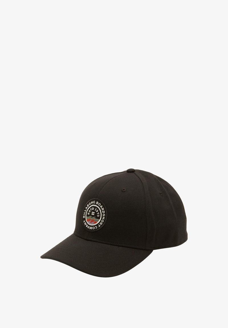 Cappellino da baseball nero in cotone con corona rotonda, visiera curvata e un'etichetta logo circolare sul fronte che presenta una grafica colorata.