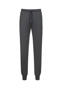 Donkergrijze joggingbroek met elastische tailleband, zwarte trekkoorden en ribgebreide boorden bij de enkels, weergegeven tegen een witte achtergrond.