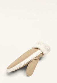 Barna velúr kesztyű fehér gyapjú mandzsettával, sima textúrával és áramvonalas dizájnnal. Kiemelő részletként kontrasztos szőrmés bélés található benne.