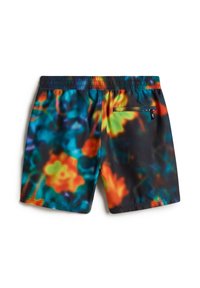 Schwimmshorts mit einem mehrfarbigen Blumendesign auf dunkelblauem Hintergrund, aus leichtem Material gefertigt. Mit elastischem Bund und einer Gesäßtasche.