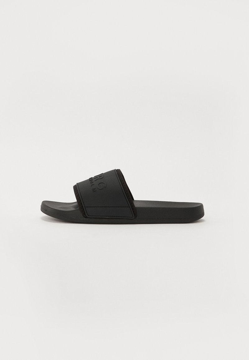 Black slide sandal with a textured strap, flat sole, and embossed logo detail. Made of synthetic material, featuring a minimalist design.
