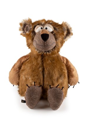 Brown plush teddy bear with textured snout, large eyes, and black stitched claws sitting against a white background.