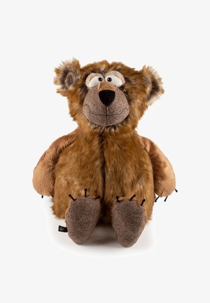 Brown plush teddy bear with textured snout, large eyes, and black stitched claws sitting against a white background.