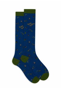 Calzini di cotone blu con polsini verdi, caratterizzati da un tema di compleanno in motivi colorati, tra cui torte, regali e oggetti per feste.