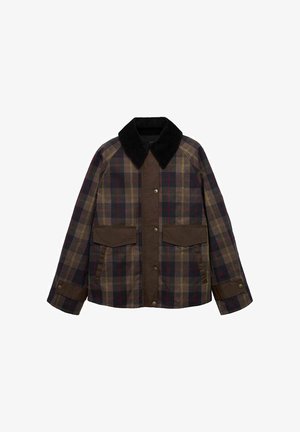 Braune und karierte Jacke mit einem schwarzen Cordkragen, zwei Fronttaschen und einem Knopfverschluss. Hergestellt aus einem strukturierten Stoff.