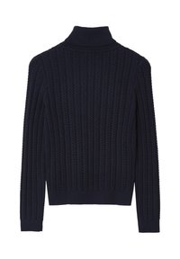 Maglione blu navy lavorato a maglia con colletto alto, caratterizzato da un motivo a zigzag testurizzato e polsini e orlo a costine. Vista posteriore mostrata.