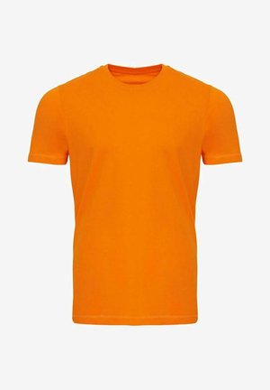 T-shirt à manches courtes de couleur orange vif avec col rond, design uni, vue de face sur fond blanc.