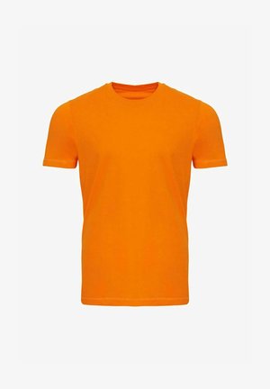 T-shirt à manches courtes de couleur orange vif avec col rond, design uni, vue de face sur fond blanc.