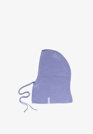 Knit bonnet in light purple, featuring a shaped design, textured ribbing, and ties for secure fit. Includes a small logo tag.