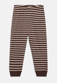 Brown and cream striped pants with an elastic waistband and fitted cuffs at the ankles, made from a soft, lightweight fabric.