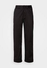 Svarta bomullsblandade byxor med rak skärning, med knappstängning och fickor, slät textur och uppvikta nederkanter.