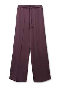 Pantaloni della tuta larghi a vita alta in viola, con cintura elastica e cordoncino, caratterizzati da dettagli a cucitura verticale lungo le gambe.