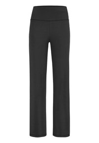 Schwarze Yoga-Hose mit hohem Bund, weitem Bein und sichtbaren Nähten am Bund und an den Säumen.