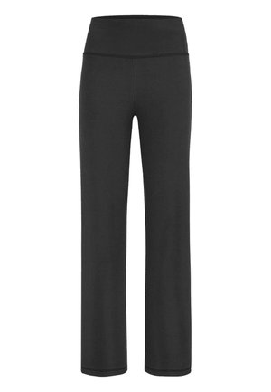 Schwarze Yoga-Hose mit hohem Bund, weitem Bein und sichtbaren Nähten am Bund und an den Säumen.