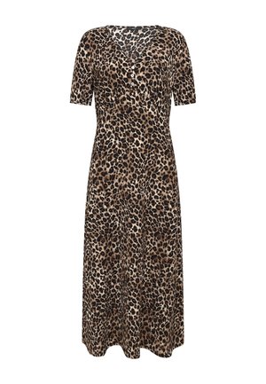 Robe midi à imprimé léopard avec manches courtes, col en V et trois boutons sur le devant, cintrée à la taille avec une jupe fluide.