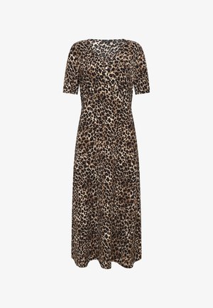 Vestito midi con stampa leopardata, maniche corte, scollo a V e tre bottoni frontali, aderente in vita e gonna fluente.