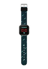 Digital watch with a square black face displaying red numbers; strap features a blue background with pixelated sword patterns.