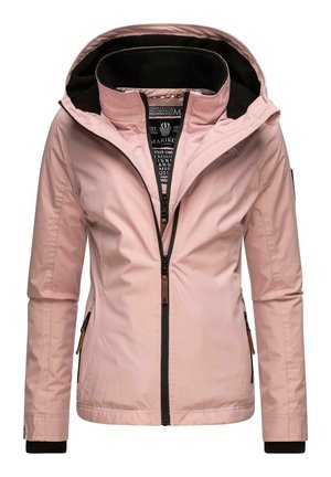 Chaqueta con capucha para mujer en color rosa claro, con forro negro, cremallera frontal y bolsillos laterales con cremallera, mostrada de frente sobre un fondo blanco.